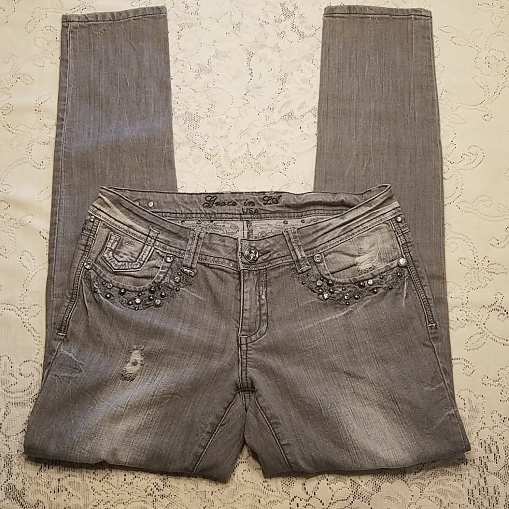 Grace in LA Grey Embellished Jeweled Sz 9 Jeans